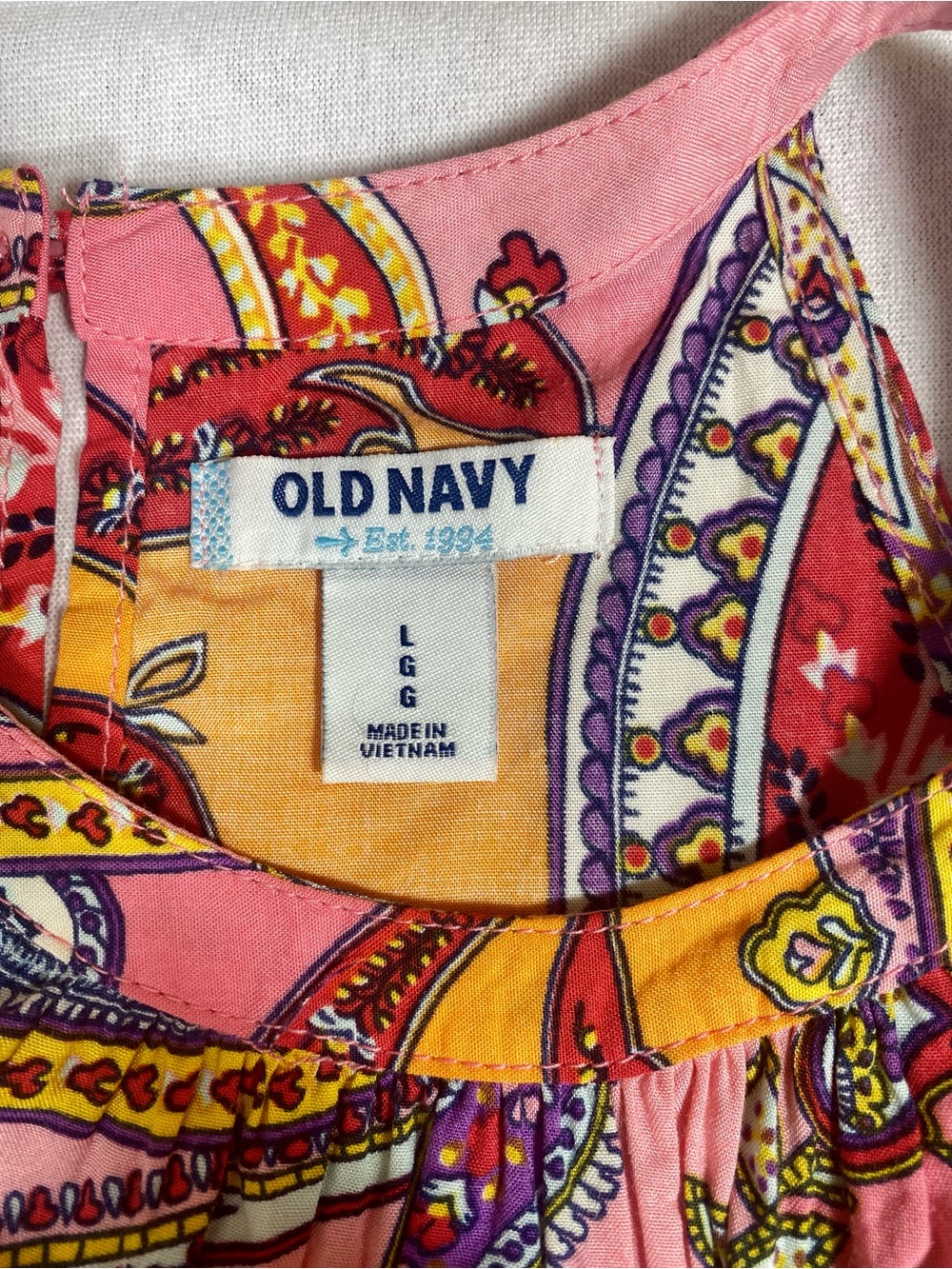 Old Navy A-Line Dress Pink Orange Purple Paisley Knee High Neck Sleeveless L - Picture 3 of 8